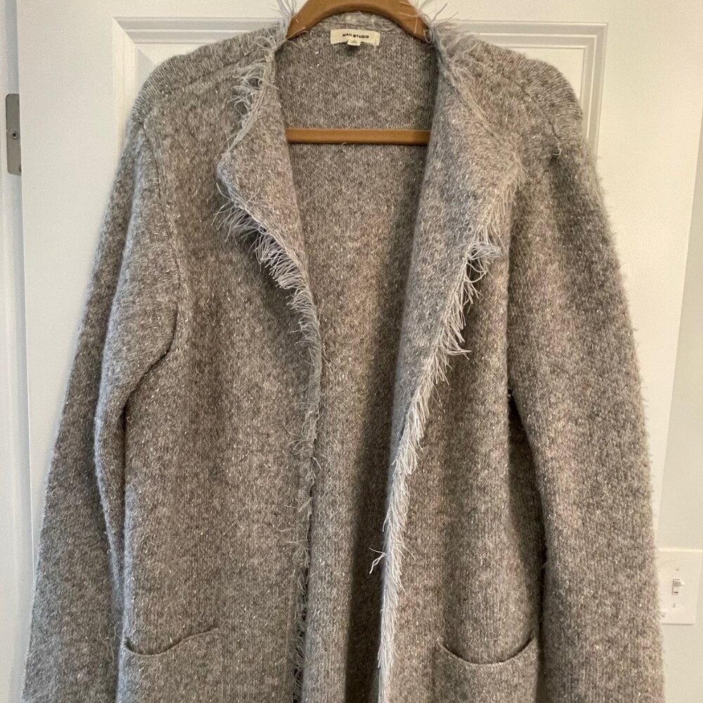 Max Studio Frayed Hem Grey Long Cardigan Sweater_Size Medium